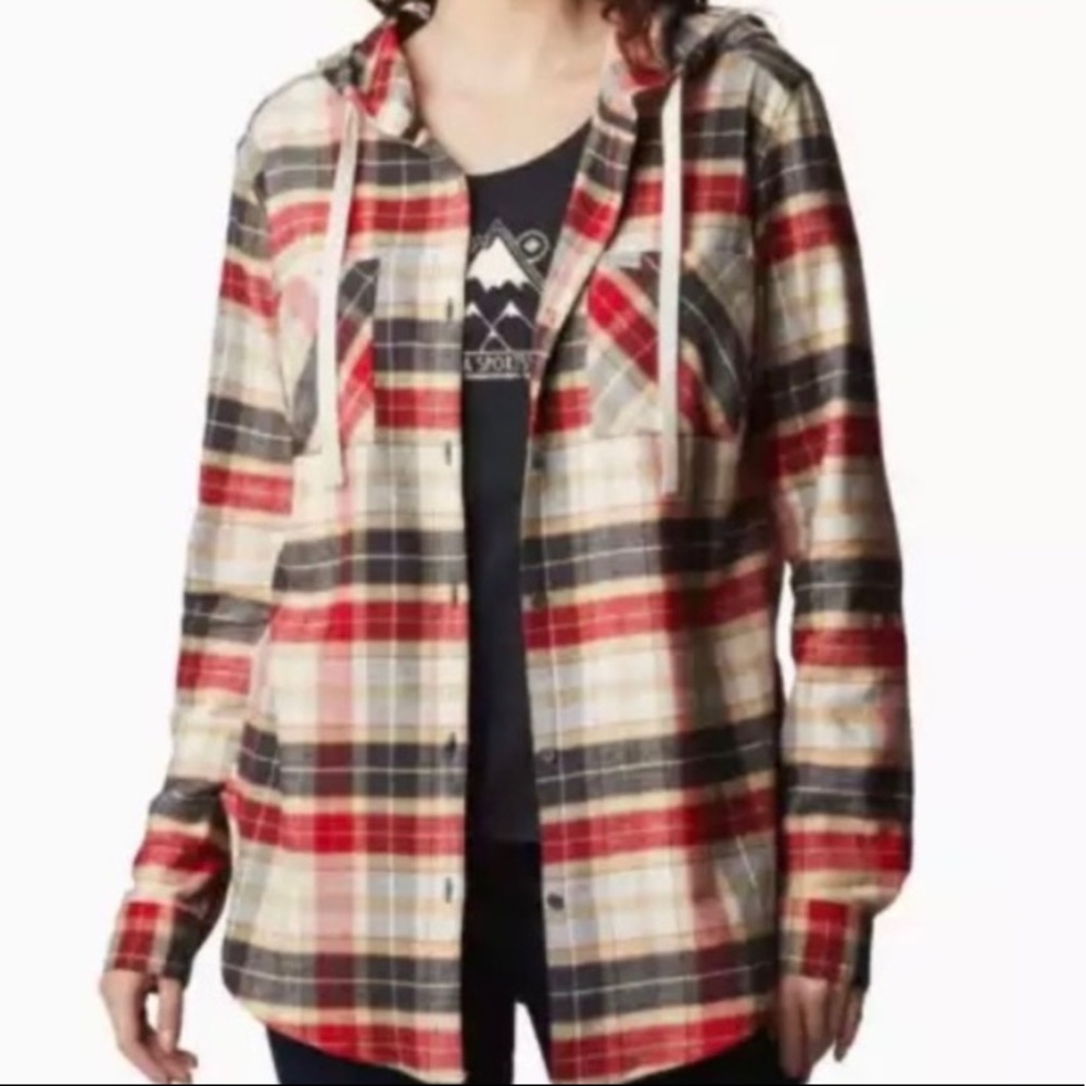 Columbia plaid flannel hoodie drawstring long sleeve shirt women’s plus Size 1X